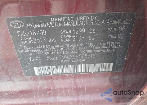 2009 Hyundai Sonata Gls из США, поврежденный, VIN 5NPET46CX9H568715